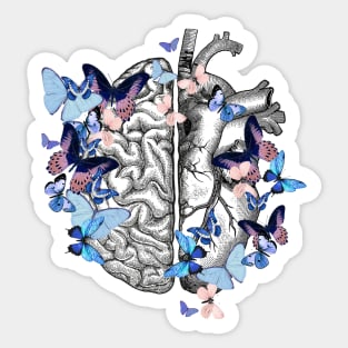 Cute blue butterflies for head and heart, half brain half heart, vintage watercolor Sticker